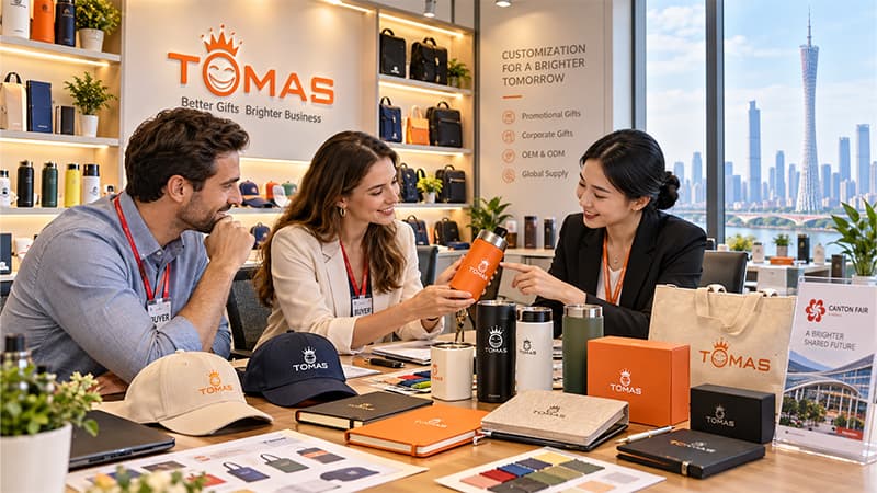 140th Canton Fair guide showing international buyers visiting TOMAS Guangzhou showroom for custom promotional gifts and product sourcing