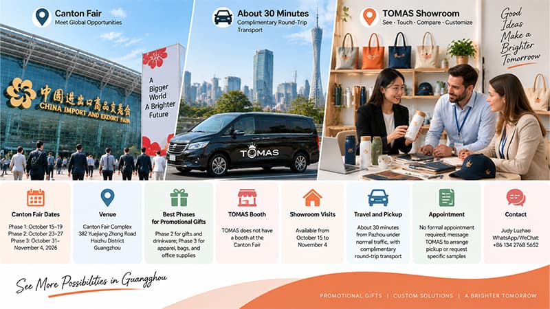 Canton Fair promotional gift buyer guide featuring TOMAS Guangzhou showroom visit, transportation service, and custom product sourcing solutions
