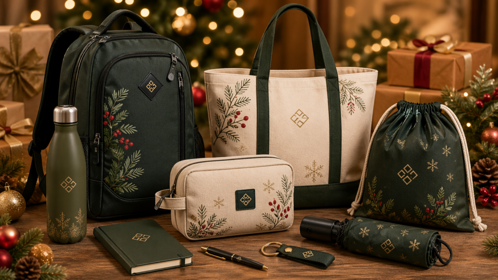 Client holiday gift bag ideas with branded backpack, tote bag, pouch, drinkware, notebook, and premium packaging