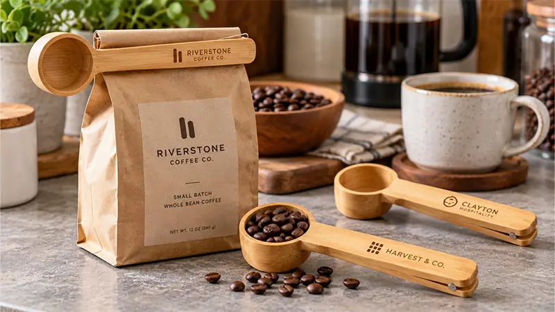 Bamboo food accessories including coffee scoop and lunch box for eco friendly promotional gift ideas