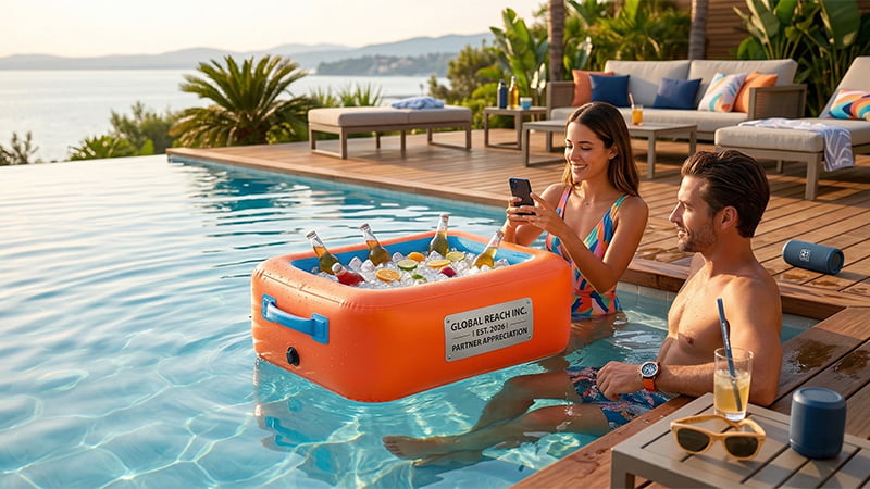 Floating pool cooler filled with drinks at a summer resort, showcasing a premium branded giveaway for outdoor events.