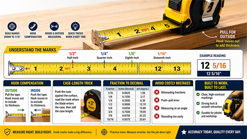 tape measure markings infographic showing 1 2 1 4 1 8 and 1 16 increments hook compensation case length trick and fraction to decimal chart