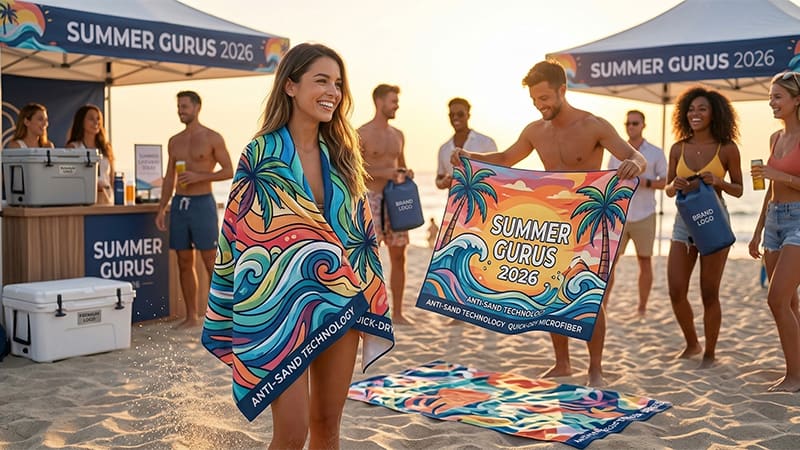 Beach event scene with branded microfiber towels used as summer promotional giveaways under pop-up tents.