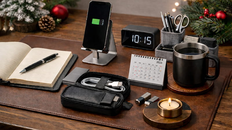 custom desk accessories for office christmas gifts including desk mat phone stand cable kit and calendar