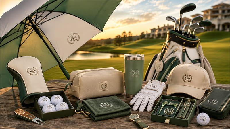 Luxury golf gifts for golfers arranged on a golf course with an open umbrella, golf bag, headcover, glove, tumbler, cap, towel, golf balls, and premium accessories