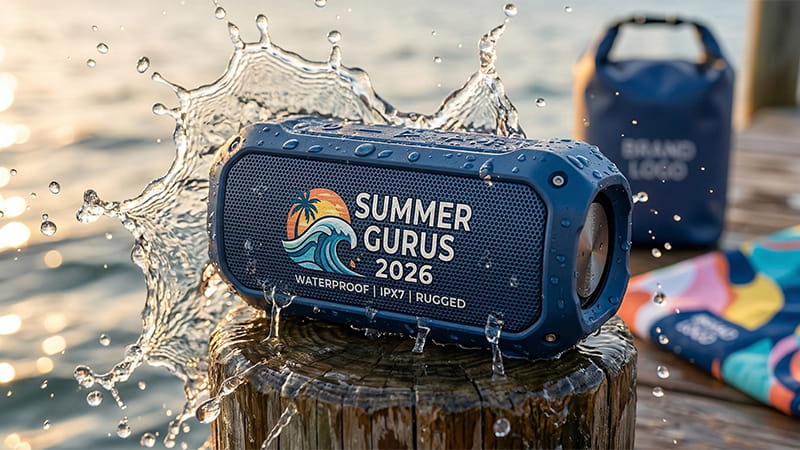 Waterproof branded Bluetooth speaker splashing with water, ideal for summer outdoor promotional giveaways.