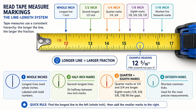 read tape measure markings infographic showing whole inch half inch quarter eighth and sixteenth marks with a 12 5 16 example