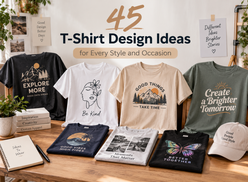 Collection of T-shirt design ideas featuring outdoor graphics, minimalist line art, typography, photo collage, and colorful illustration styles.