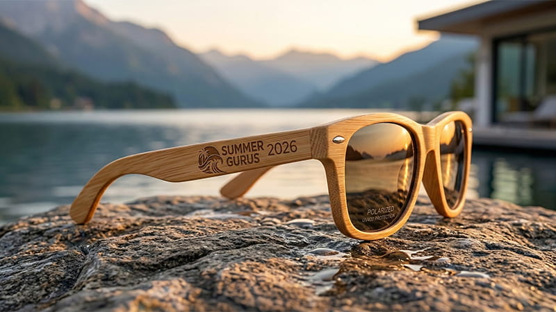 Branded wooden sunglasses by the water, a stylish summer promotional giveaway for outdoor events.