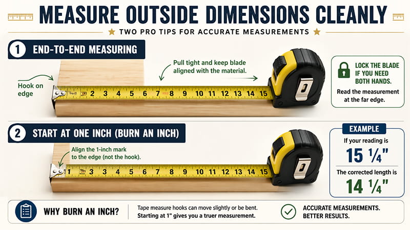 measure outside dimensions with a tape measure infographic showing end to end measuring and the burn an inch method