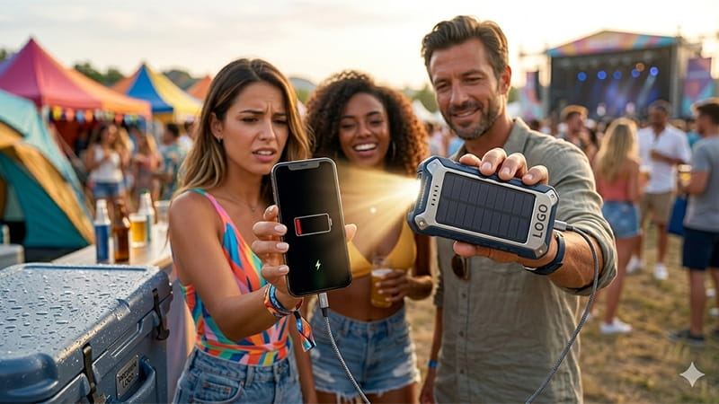 People charging a phone with a branded solar power bank at an outdoor festival, a practical summer giveaway item.