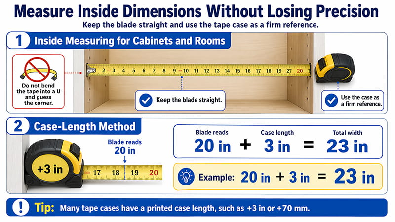 measure inside dimensions with a tape measure infographic showing straight blade positioning and the case length method