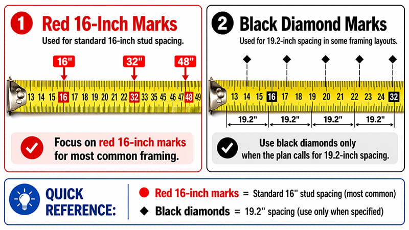 tape measure special marks infographic comparing red 16 inch marks and black diamond marks for framing layout