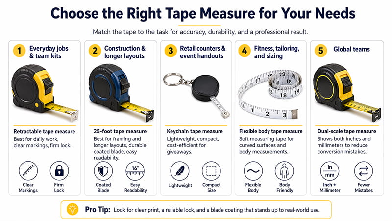 choose the right tape measure infographic showing retractable 25 foot keychain body tape and dual scale tape for different use cases