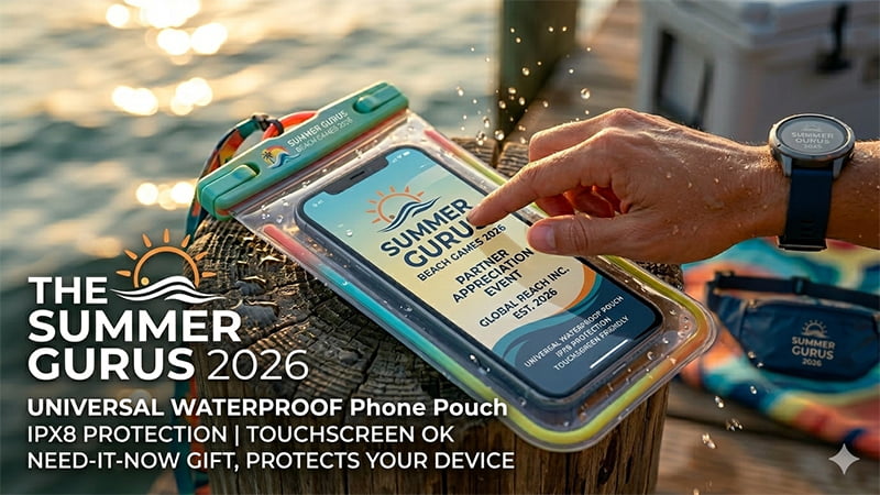 Branded waterproof phone pouch protecting a smartphone by the water, a useful summer promotional giveaway item.