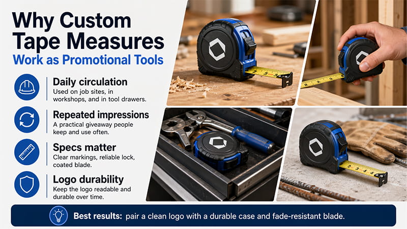custom tape measures as promotional tools infographic showing branded tape measures used on job sites in workshops and tool drawers