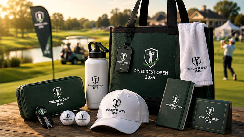 Golf tournament swag bag with branded cap, towel, water bottle, golf balls and player gifts