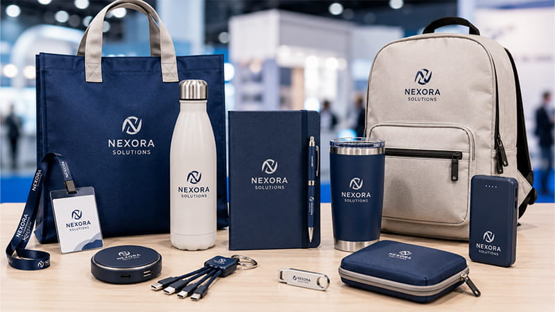 Premium trade show giveaway collection with branded tote bag, backpack, drinkware, notebook, lanyard, cables, and tech gifts.