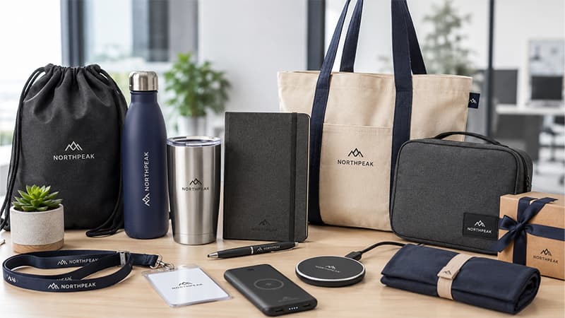 Premium promotional product collection with branded bag, drinkware, notebook, lanyard, power bank, pouch, and gift packaging.