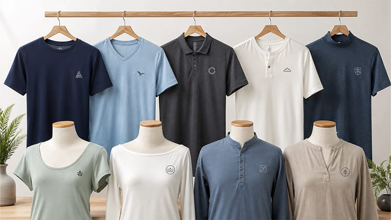 Different shirt neck types displayed on custom promotional shirts with small logo placement.