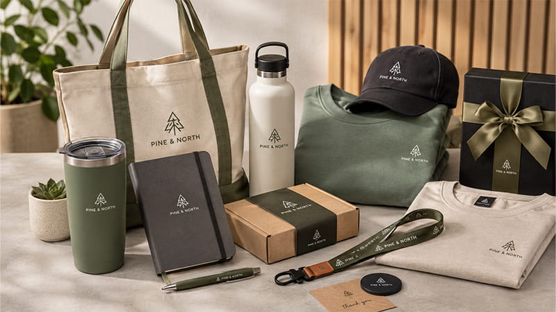 Branded swag and promotional merchandise including apparel, bags, drinkware, notebooks, lanyards, and gift packaging