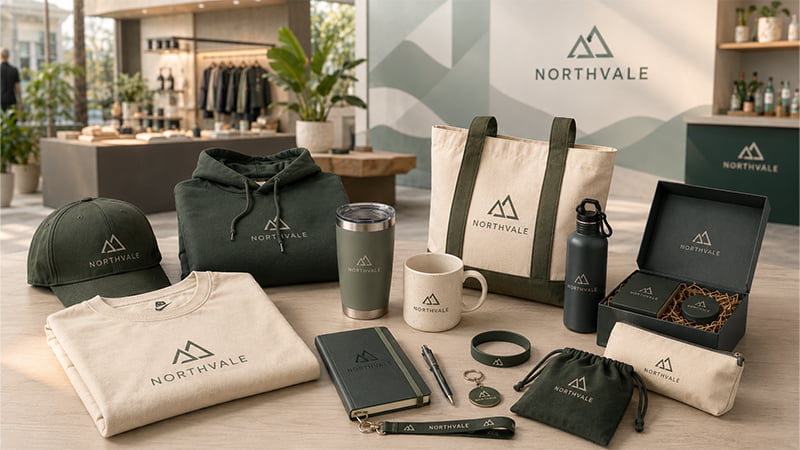 Branded merch collection with apparel, tote bag, drinkware, notebook, accessories, and gift box.