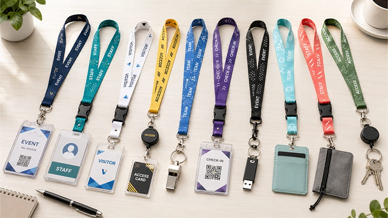 Custom lanyards with badge holders, access cards, USB drives, whistles, card wallets, and key attachments.