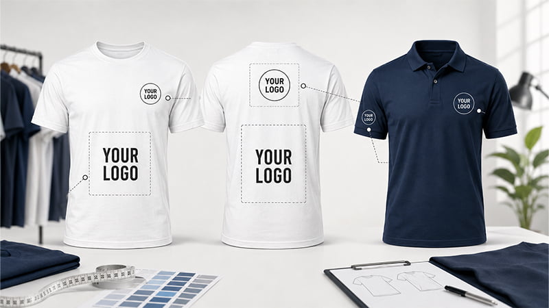 Custom T-shirt and polo logo placement guide with front, back and sleeve positions