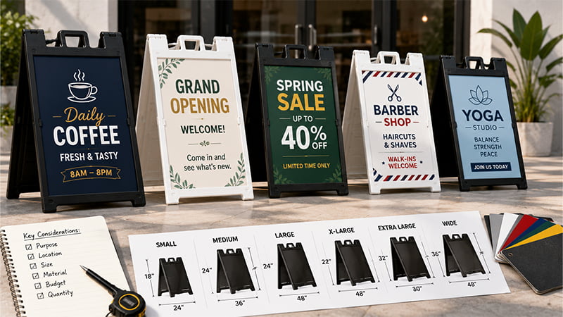 A-frame sign size guide showing five sidewalk signs and a printed size comparison chart