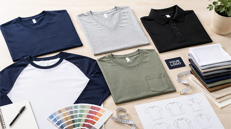 Different T-shirt styles, fits, fabrics, and customization options for bulk apparel sourcing