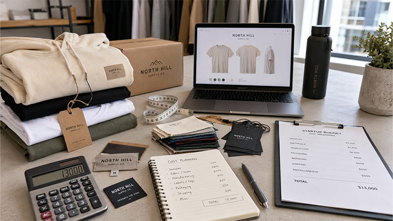 Clothing brand startup budget planning with apparel samples, fabric swatches, packaging, and production costs