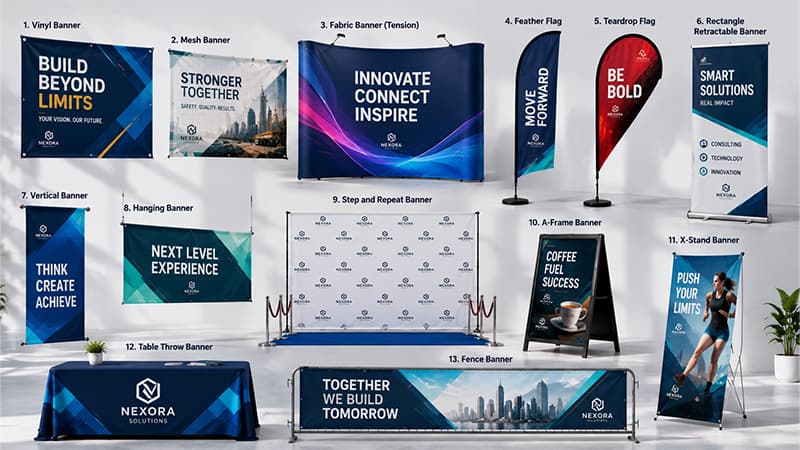 13 types of banners including vinyl, mesh, fabric, feather, teardrop, retractable, hanging, table throw, and fence banners.