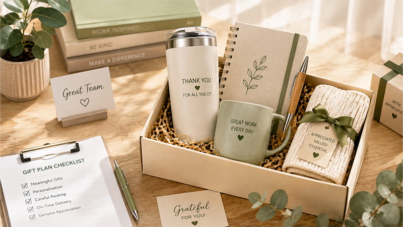 Practical Administrative Professionals Day gift set with tumbler, mug, notebook, pen, personalized card, and coordinated packaging