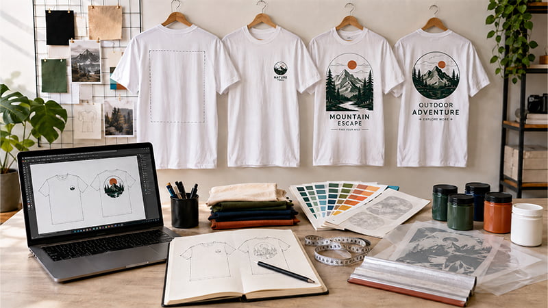 Custom T-shirt design workspace with hanging shirts, laptop mockup, fabric swatches, and print tools.