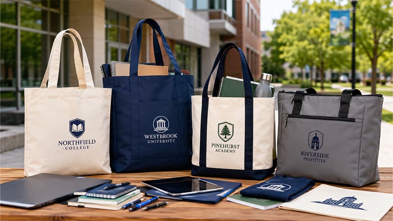 School tote bags with books, laptop, tablet, water bottle, and campus supplies.