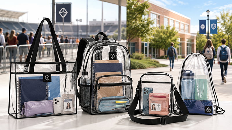 Clear bags for stadium events and school campuses, including transparent tote, backpack, crossbody, and drawstring styles.