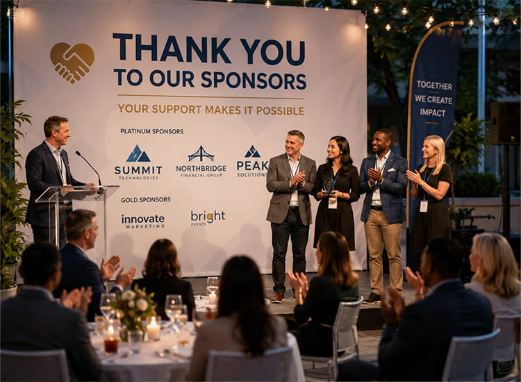 Event sponsor appreciation ceremony with a thank-you presentation and recognition award for supporting partners.