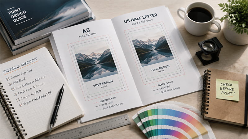 A5 vs US Half Letter paper size comparison with print design templates, bleed area, safe margins, and prepress checklist