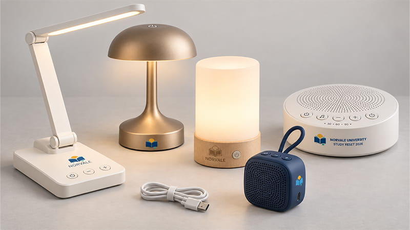 Ambient relaxation products including warm desk lamps, portable lights, and compact sound machines for a calmer space.