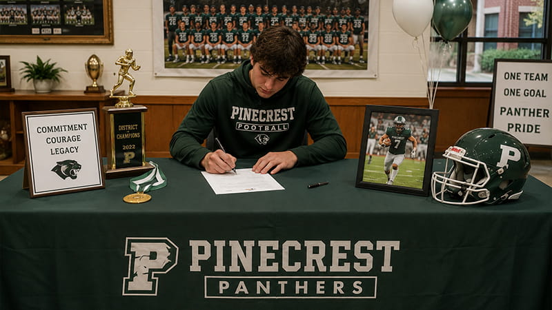 American football Signing Day table placing the helmet, action photo, and awards around an open document area