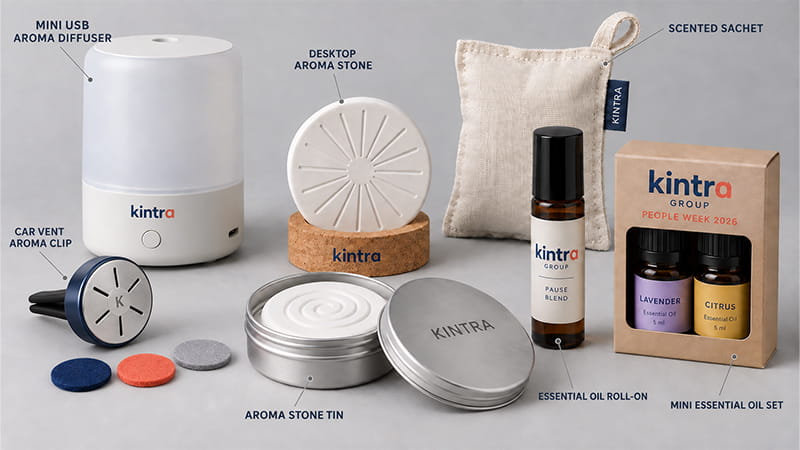 Aromatherapy gifts including a compact diffuser, aroma stones, essential-oil roller, scented sachet, and small oil set.