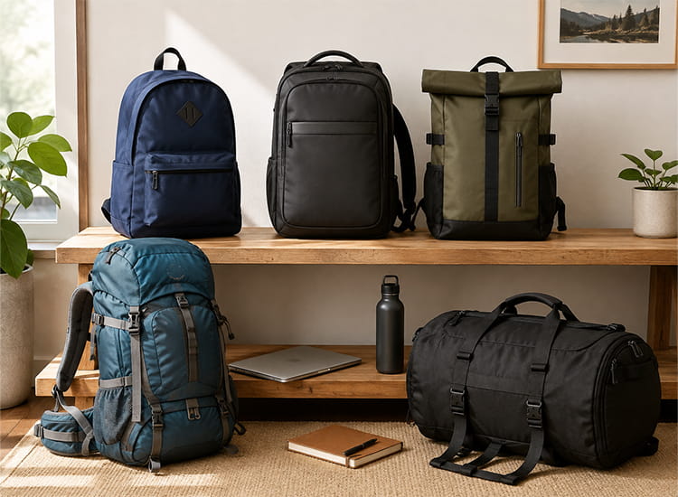 Different backpack types for everyday use, work, travel, and outdoor activities, including daypack, laptop, roll-top, hiking, and duffel styles.