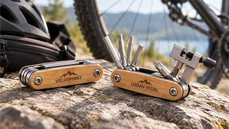 Bamboo bicycle multi tool with custom engraving for outdoor promotional gifts and cycling events