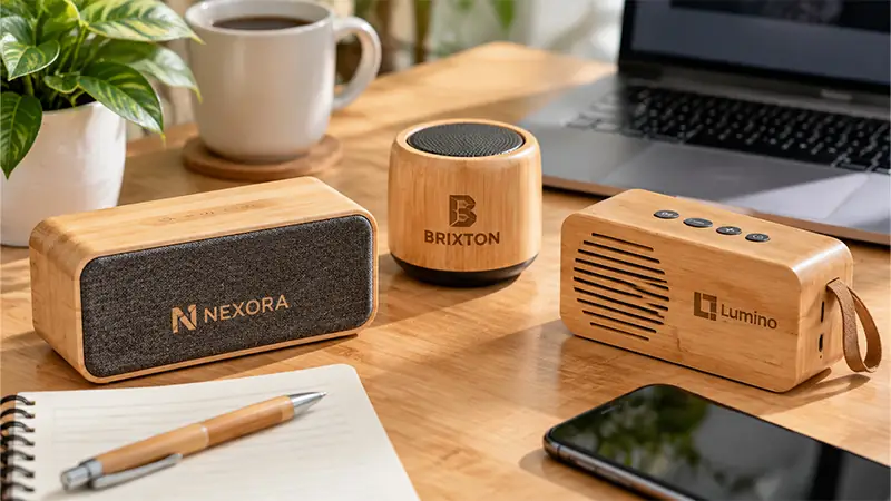 Bamboo Bluetooth speaker with custom logo for premium promotional gifts and corporate events