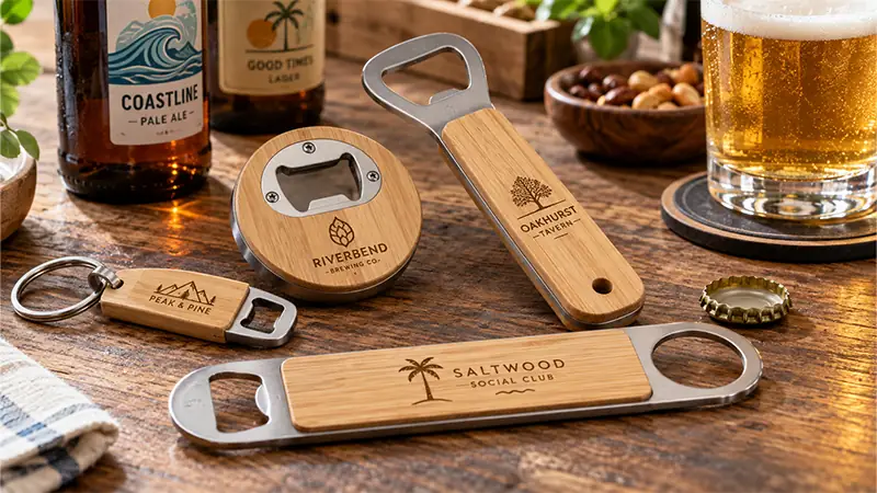 Bamboo bottle opener with custom engraving for hospitality events, corporate gifts, and promotional merchandise