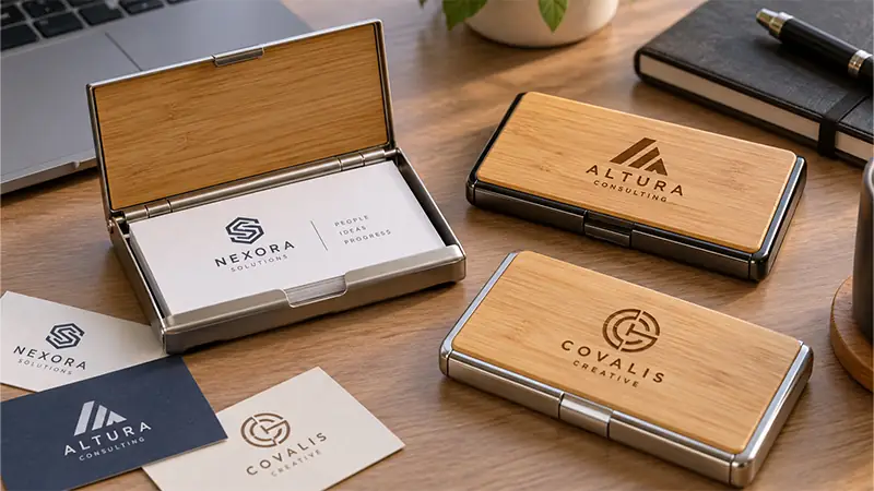 Bamboo business card holder with custom engraving for professional corporate gifts and office accessories