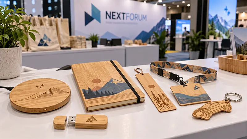 Bamboo conference gift items including notebooks, USB drives, and accessories for branded event giveaways