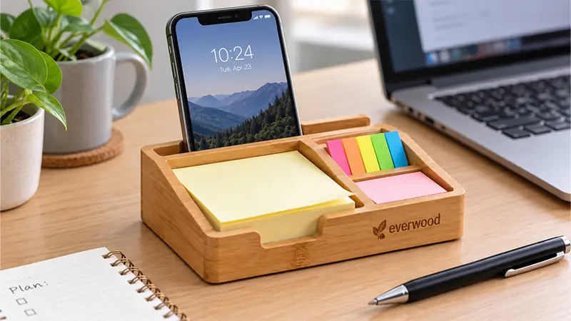 Bamboo desk accessories with sticky note holder and phone slot for branded office gifts and employee welcome kits