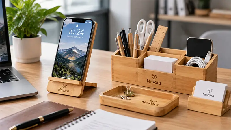 Bamboo desk organizer with pen holder and phone slot for corporate office gifts and branded workspaces