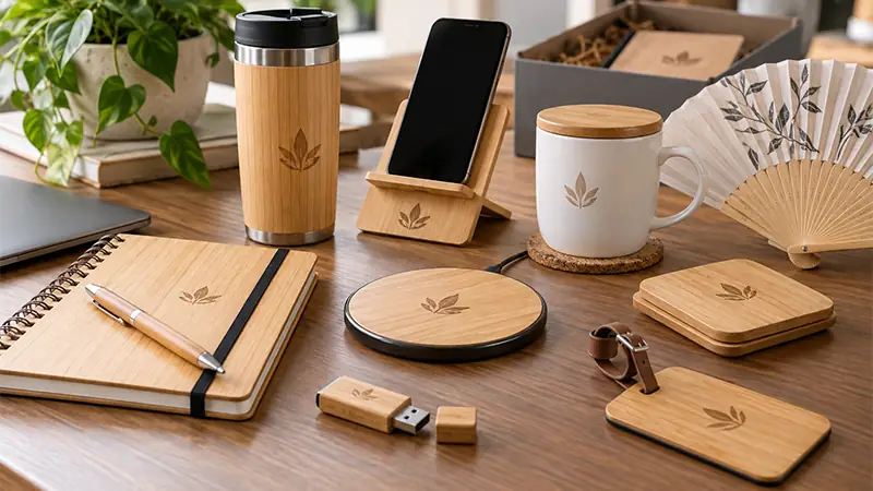 Bamboo employee welcome gifts with customized office accessories and branded items for new team members